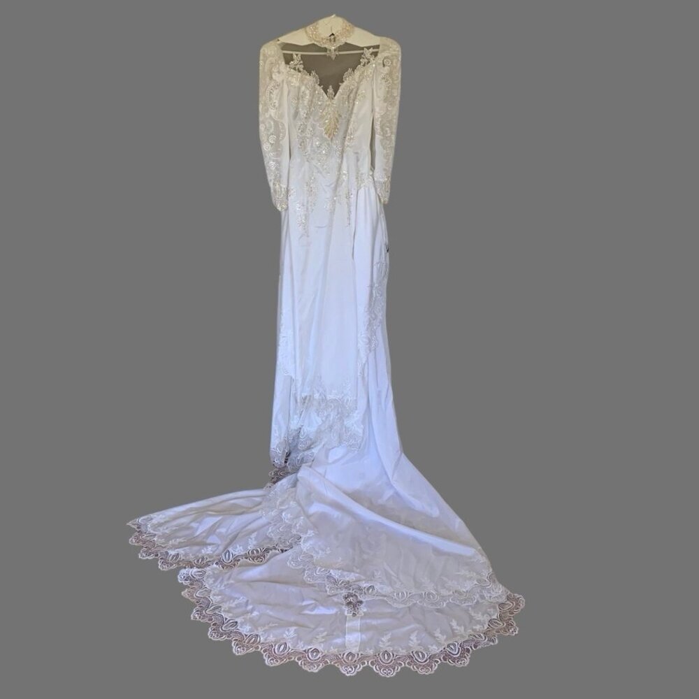 Wedding Dress White Size Small Sequin Lace Embroidery Princess High Collar Veil